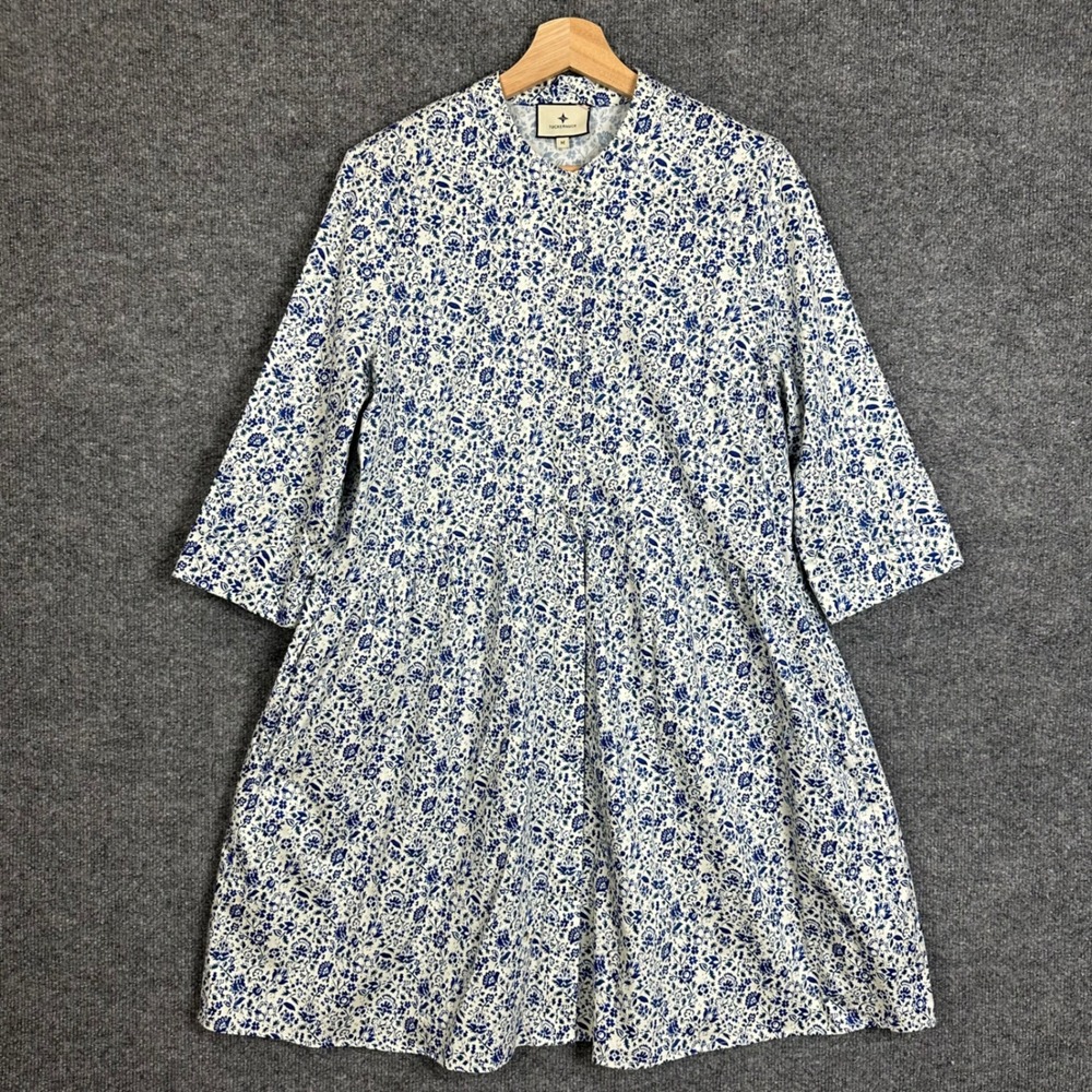 Tuckernuck Dress Womens Medium Blue Good Floral 3/4 Sleeve Mini Pockets Cotton